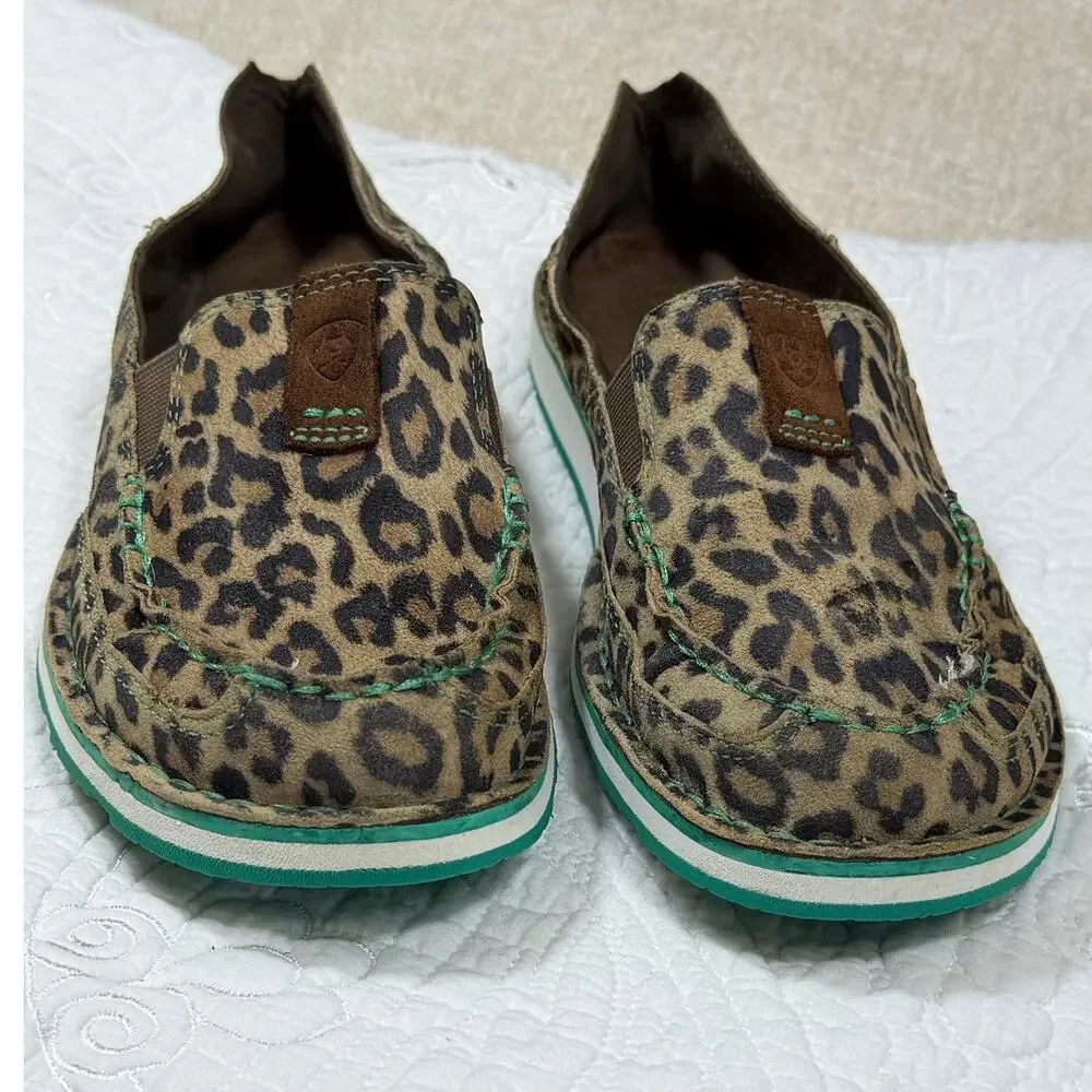 Ariat Women's 8.5 Tan Black Cheetah Print Western Canvas Slip On Loafer Shoes